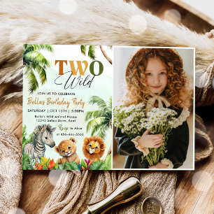 Tropical Two Wild Jungle Safari Animals Birthday Invitation