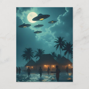 Tropical UFO Invasion Fleet Moonlit Beach Aliens Postcard