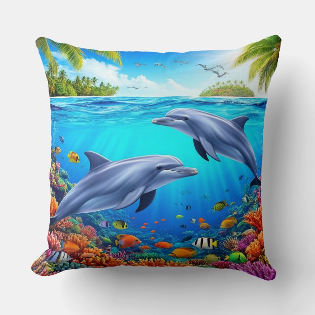 Tropical Underwater Scene Featuring Dolphins Cushion (Front)