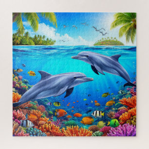 Tropical Underwater Scene Featuring Dolphins Jigsaw Puzzle