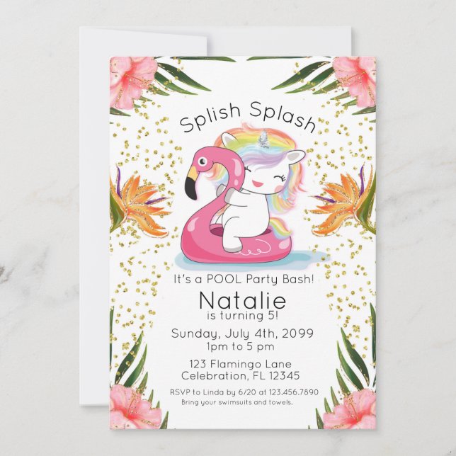 Tropical Unicorn Pool Party Birthday Invitation (Front)