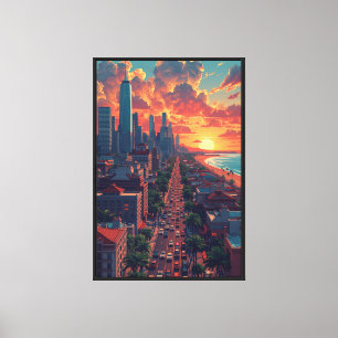 Tropical Urban Sunset, Vibrant Cityscape Boulevard Canvas Print