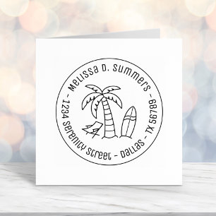 Tropical Vacation Palm Surfboard Round Address Self-inking Stamp