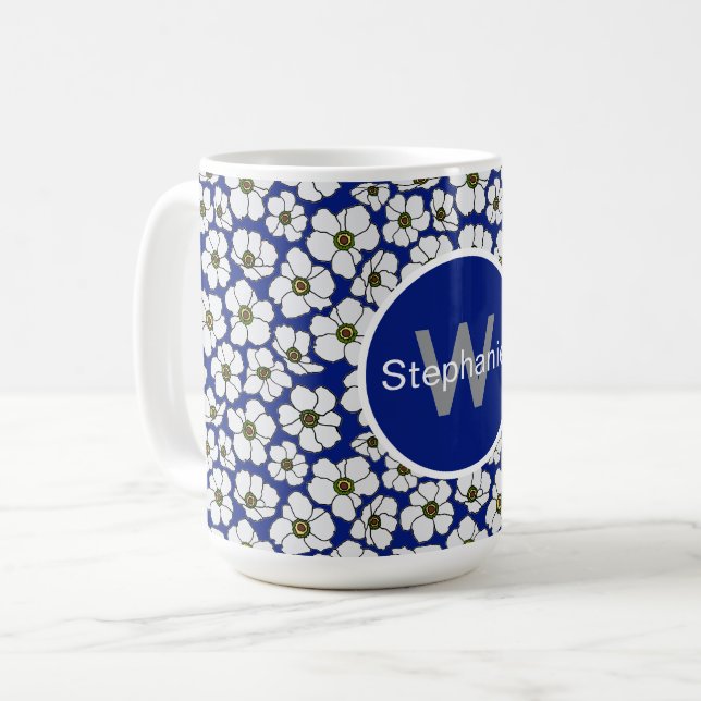 Tropical Vibe Flowers On Blue  Coffee Mug (Front Left)
