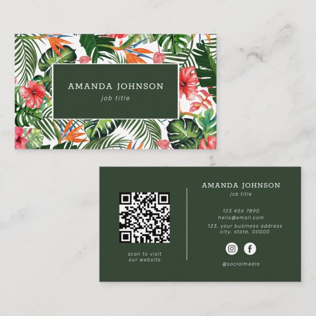 Tropical Vibe QR Code Social Media Icons Elegant Business Card (Front/Back)