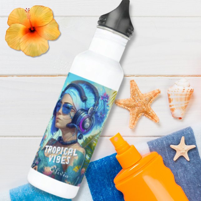 Tropical Vibes Female DJ Ilustration Personalised 710 Ml Water Bottle (Creator Uploaded)