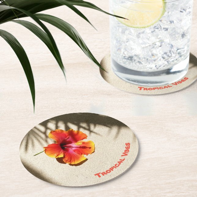 Tropical Vibes Hibiscus on Sand Customisable Round Paper Coaster (Creator Uploaded)