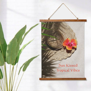 Tropical Vibes Hibiscus Sunhat on Sand Beach Hanging Tapestry