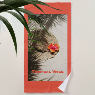 Tropical Vibes Hibiscus Sunhat on Sand Orange Beach Towel