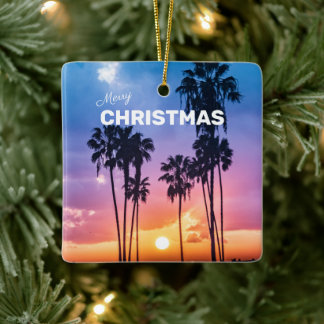 Tropical Vibrant Rainbow Colours Sunset Palm Tree Ceramic Ornament