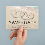 Tropical Vintage Beach Heart Shore Save the Date Announcement Postcard<br><div class="desc">Beach destination save the date postcard featuring a summer tropical beach island background, a vintage sandy beach with two hearts in the shoreline, your initials and a editable text template. Click on the “Customise it” button for further personalisation of this template. You will be able to modify all text, including...</div>