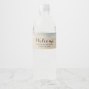 Tropical Vintage Beach Heart Shore Wedding Welcome Water Bottle Label
