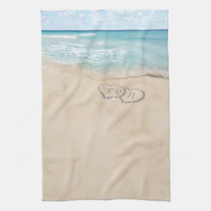 Tropical Vintage Beach Hearts Initials Tea Towel