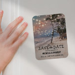 Tropical Vintage Beach Lights Fridge Save the Date Magnet<br><div class="desc">Vintage beach destination wedding save the date magnet featuring a romantic sunset tropical beach setting with lush palm trees and string twinkle lights. For further personalization, please click the "Customize it" button to modify this template. All text style, colors, and sizes can be modified to suit your needs. You will...</div>