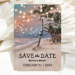 Tropical Vintage Beach Lights Save the Date Announcement Postcard<br><div class="desc">Vintage beach destination save the date postcards featuring a romantic sunset tropical beach setting with lush palm trees and string twinkle lights. For further personalisation, please click the "Customise it" button to modify this template. All text style, colours, and sizes can be modified to suit your needs. You will find...</div>