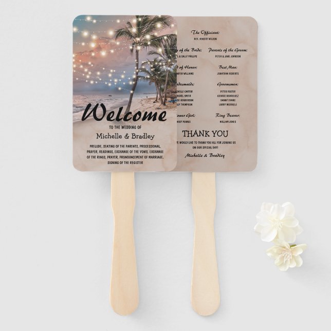 Tropical Vintage Beach Lights Wedding Program Hand Fan (Front and Back)