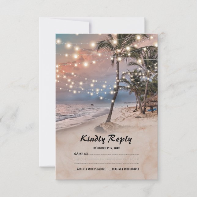 Tropical Vintage Beach Lights Wedding RSVP (Front)