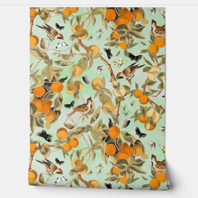 Tropical Vintage Birds In Fruit Garden Chinoiserie Wallpaper (Unrolling)