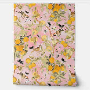 Tropical Vintage Birds In Fruit Garden Chinoiserie Wallpaper