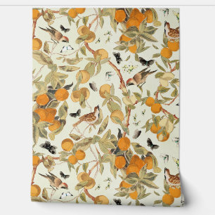 Tropical Vintage Birds In Fruit Garden Chinoiserie Wallpaper