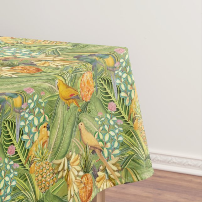Tropical Vintage Birds in Jungle Paradise yellow Tablecloth (In Situ)