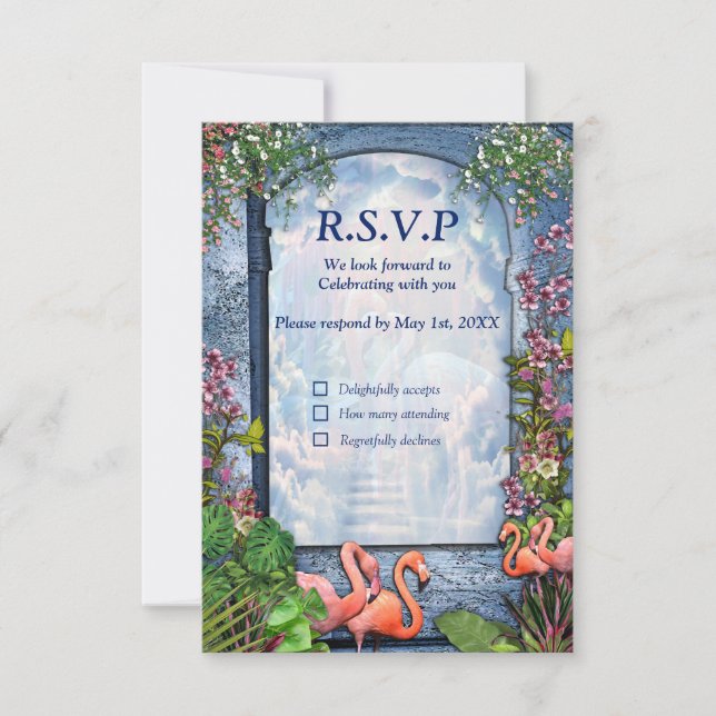 Tropical Vintage Blue Marble Palace RSVP Card (Front)