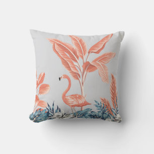 Tropical vintage botanical landscape, pink palm tr cushion