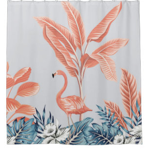 Tropical vintage botanical landscape, pink palm tr shower curtain