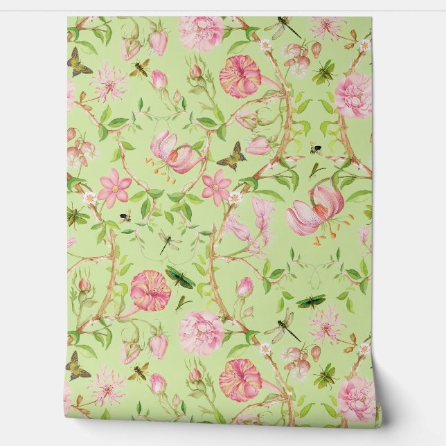Tropical Vintage Butterflies Garden Chinoiserie Wallpaper (Unrolling)