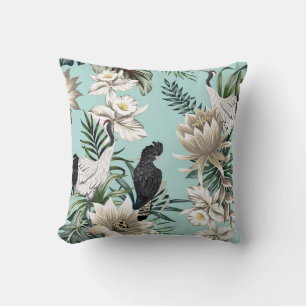 Tropical vintage crane bird,  parrot,  lotus flowe cushion