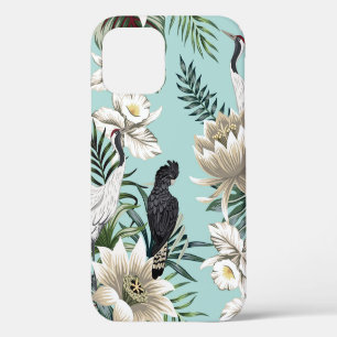 Tropical vintage crane bird, parrot, lotus flowe iPhone 12 case