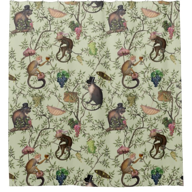Tropical Vintage Monkey Gardenparty Chinoiserie Shower Curtain (Front)
