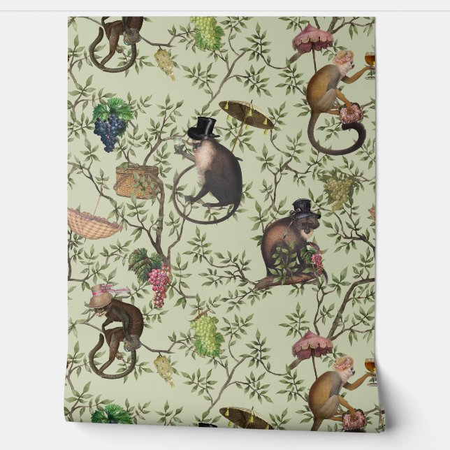 Tropical Vintage Monkey Gardenparty Chinoiserie Wallpaper (Unrolling)