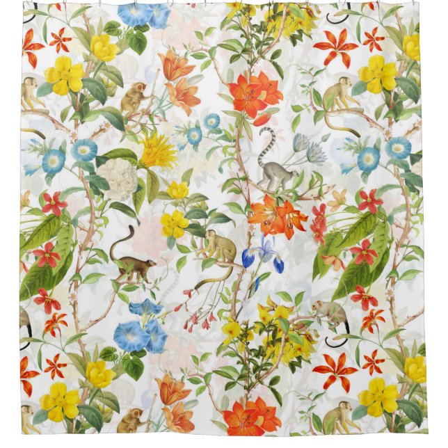 Tropical Vintage Monkeys Garden Rococo Chinoiserie Shower Curtain (Front)