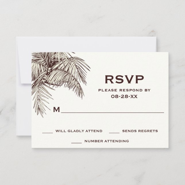Tropical Vintage Palm Trees Beach Wedding RSVP Card (Front)