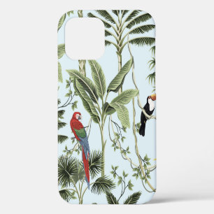 Tropical vintage palm trees, liana, macaw parrot, iPhone 12 case