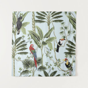 Tropical vintage palm trees, liana, macaw parrot, tapestry