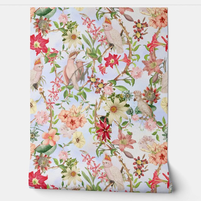 Tropical Vintage Parrots Garden Chinoiserie Wallpaper (Unrolling)