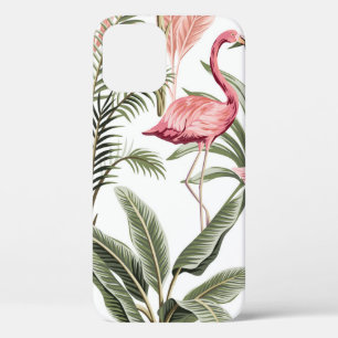 Tropical vintage pink flamingo,  banana trees and  iPhone 12 case