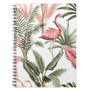 Tropical vintage pink flamingo, banana trees and notebook