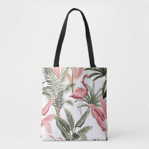 Tropical vintage pink flamingo,  banana trees and  tote bag