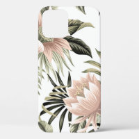 Tropical vintage pink lotus,  palm leaves,  banana