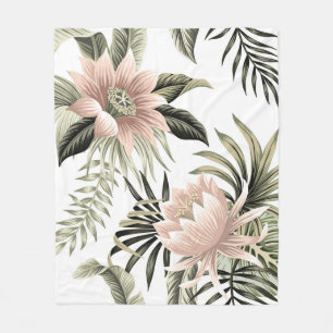 Tropical vintage pink lotus,  palm leaves,  banana fleece blanket