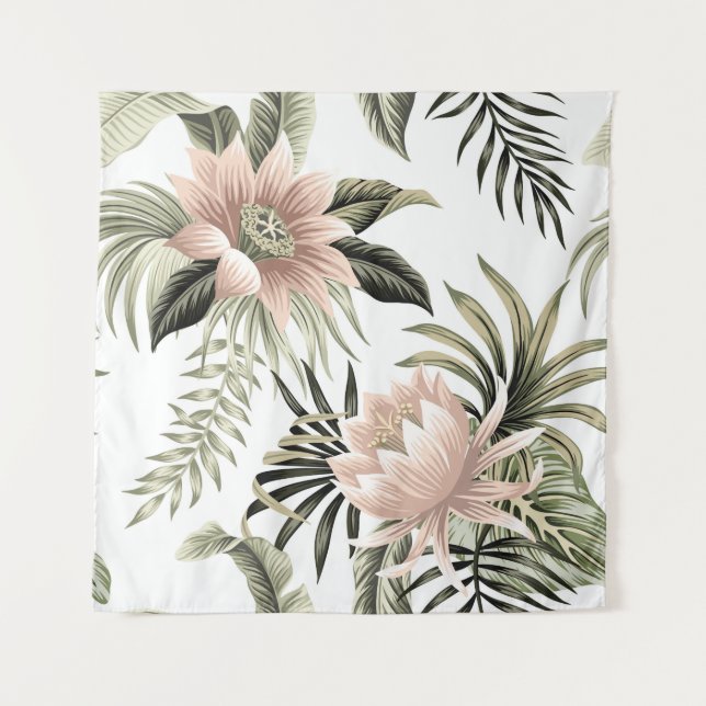 Tropical vintage pink lotus,  palm leaves,  banana tapestry (Front)