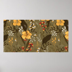 Tropical vintage seamless flower and leaves patter poster