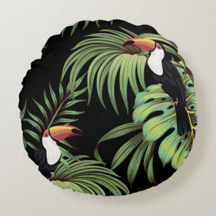 Tropical vintage toucan, palm leaves floral seaml round cushion