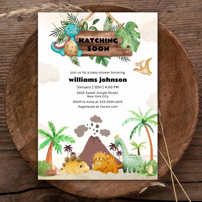 Tropical Volcano Hatching Dinosaur Baby Shower  Invitation (Tropical Volcano Hatching Dinosaur Baby Shower Invitation)