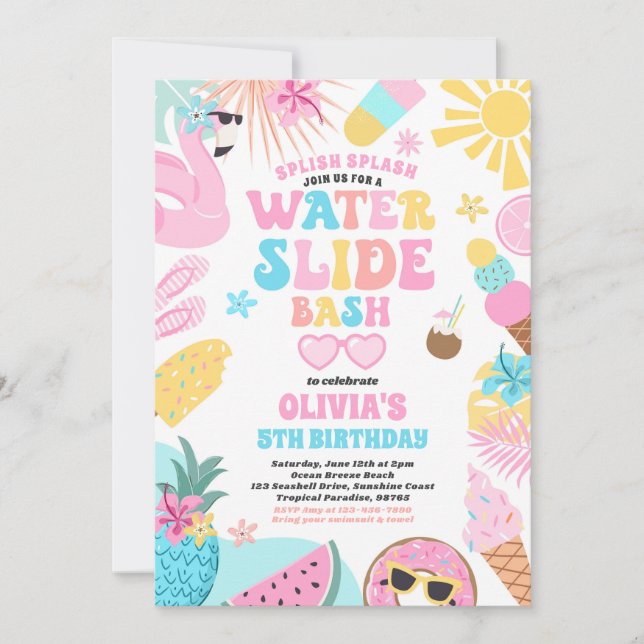  Tropical Water Slide Summer Birthday Party Invitation (Front)