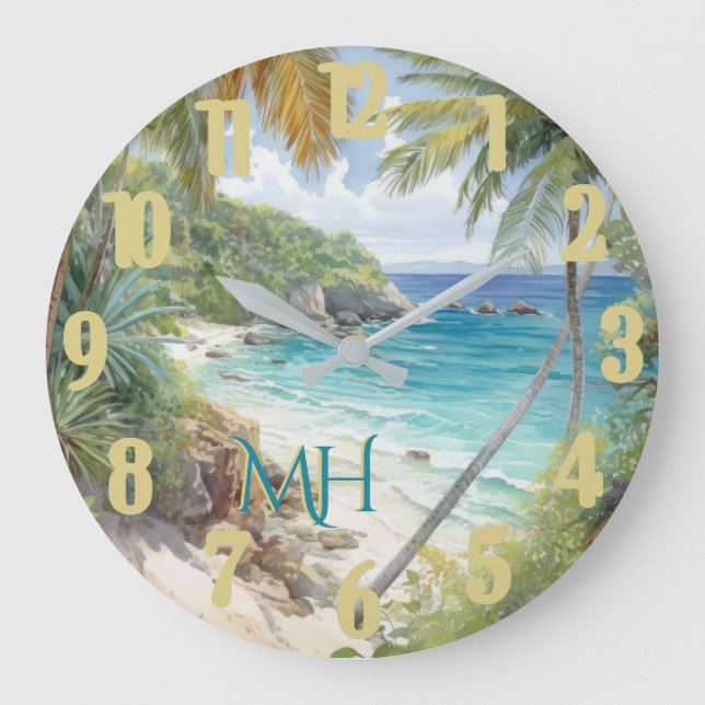 Tropical Watercolor Beach Lagoon Paradise  Large Clock (Front)