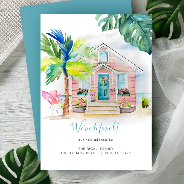 Tropical Watercolor Beach Moving Announcement (New address cards watercolor beach house, pink flamingo & palm tree art by Victoria Grigaliunas)